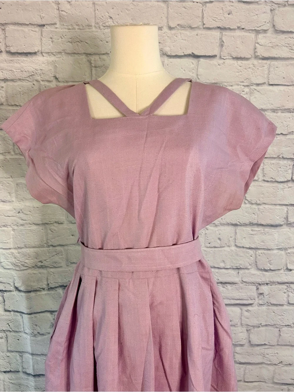 Vintage Lavender Dress w Belt Criss Cross Neckline Pleated Dapper Pinup Twee